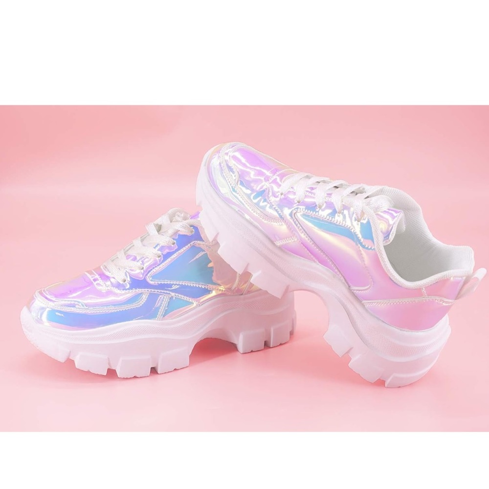 LUCKY STEP Women Chunky White Neon Green Fuchsia Hologram Silver Sneakers